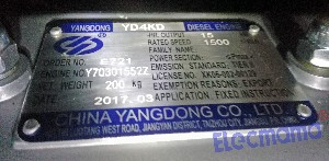 Yangdong YD4KD diesel engine nameplate
